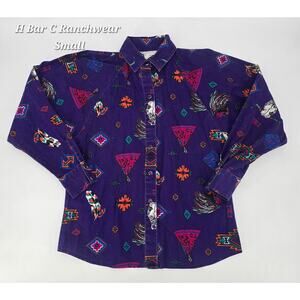 Vintage 80s H Bar C Ranchwear Southwestern Steer Skull Shirt Small Western USA